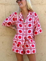 Pink short-sleeve shirt and shorts set