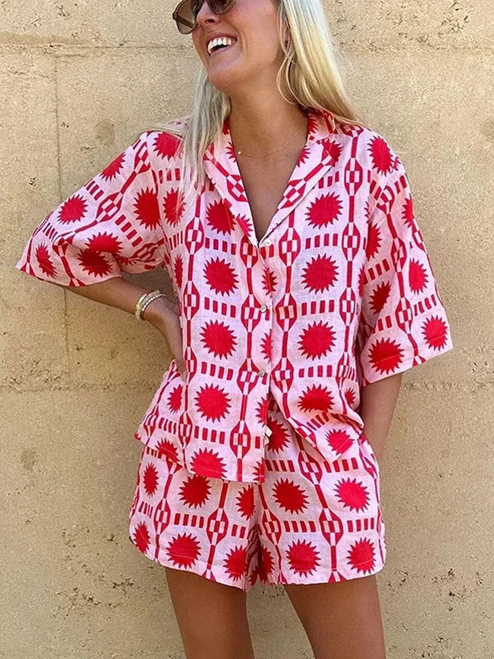 Pink geometric print shirt and shorts set
