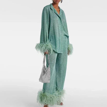 Feather-trim sleeve detail