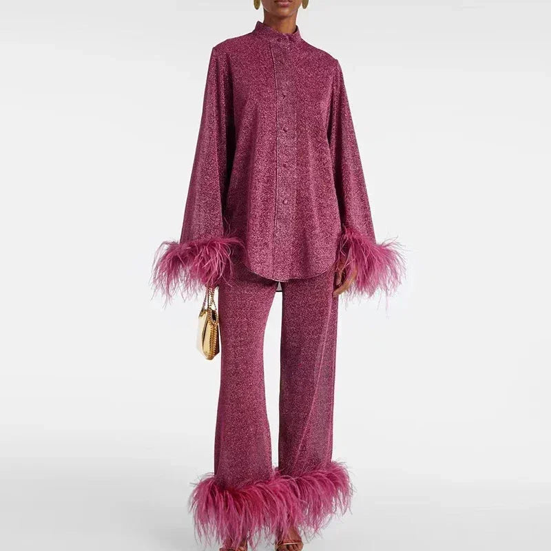 Shimmer feather-trim two-piece set