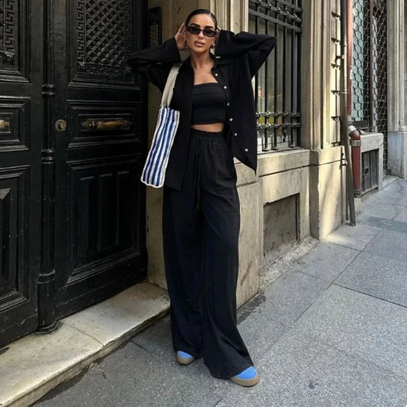 Linen shirt and loose pants two-piece set