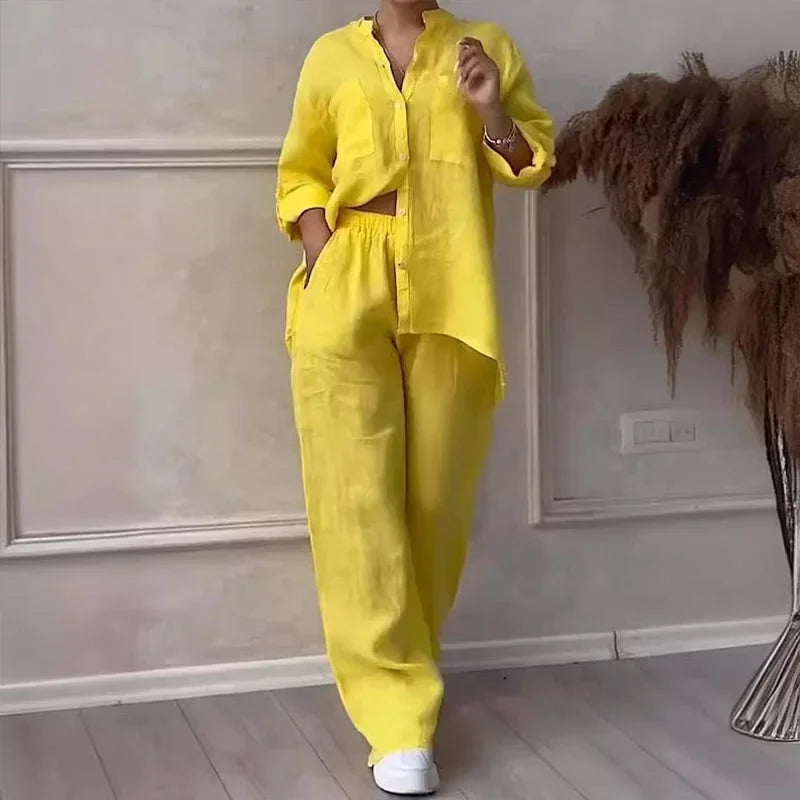Yellow linen shirt and loose pants set