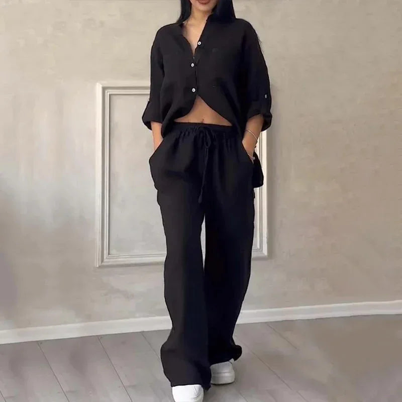 Black linen shirt and loose pants set