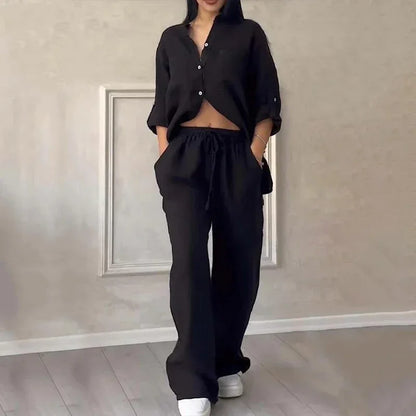 Black linen shirt and loose pants set