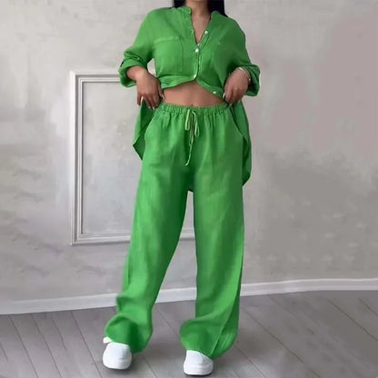 Green linen shirt and loose pants set
