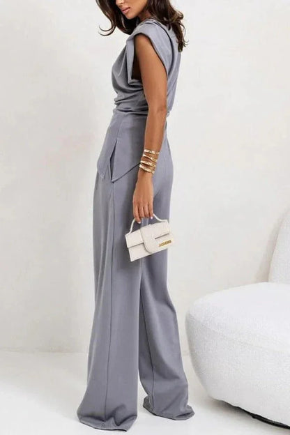 Draped top and wide-leg pants set front view