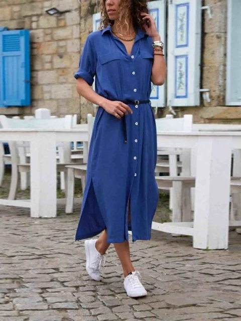 Esmée | Belted Short Sleeve Button-Down Shirt Dress