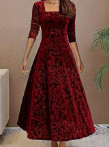 Esperanza square neck midi party dress in dark red, front view