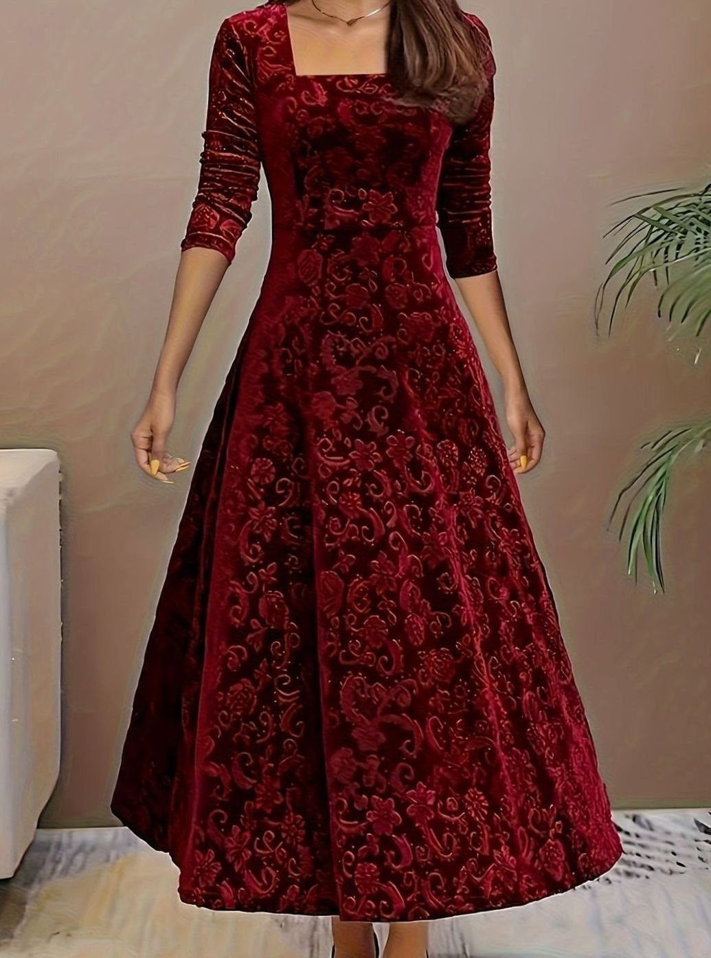 Esperanza square neck midi party dress in dark red, front view