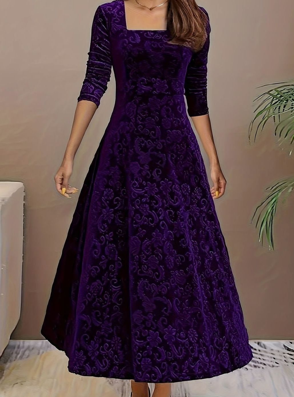Square neck midi party dress in purple