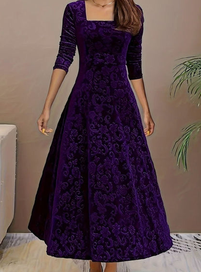 Square neck midi party dress in purple