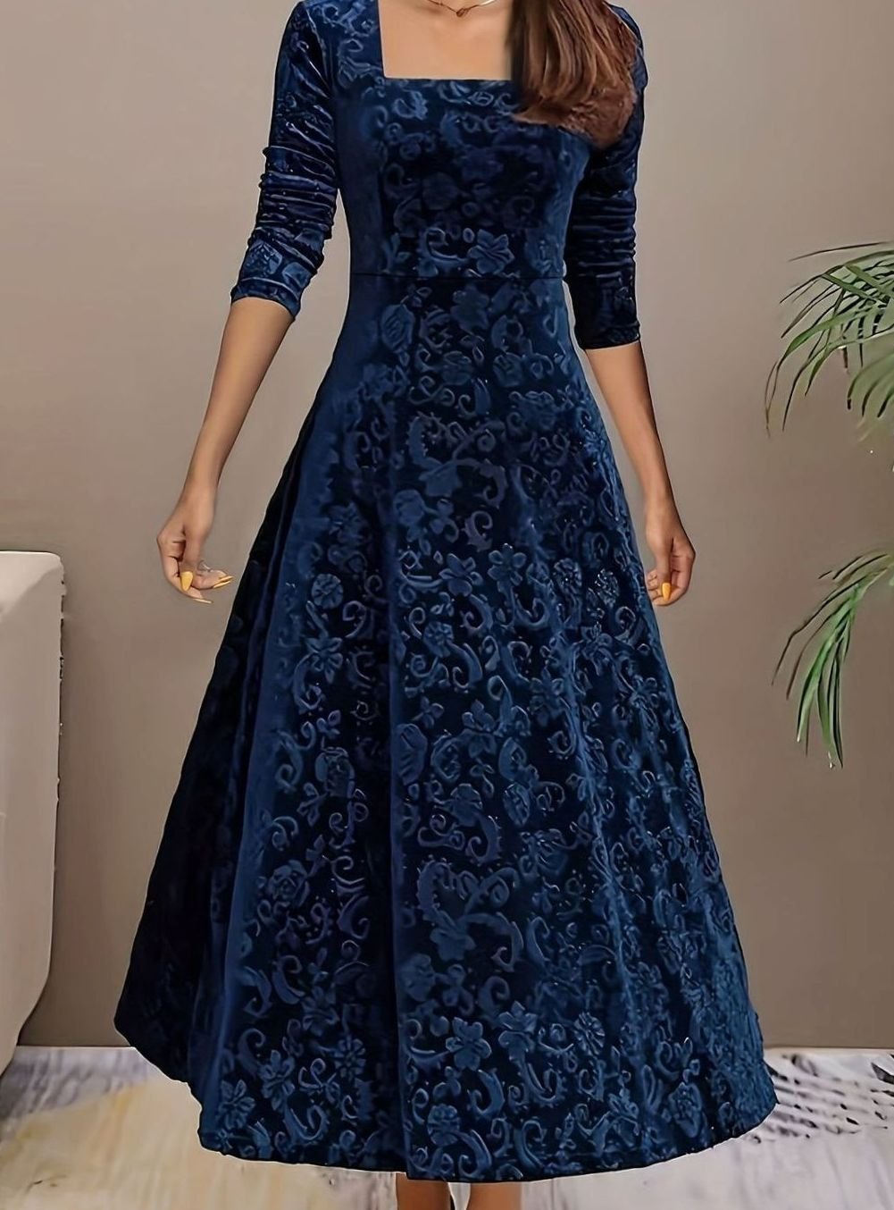 Square neck midi party dress in blue