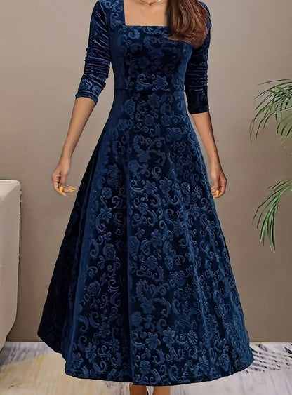 Square neck midi party dress in blue