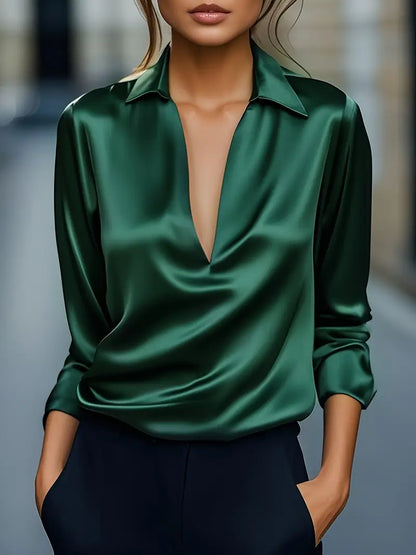 Ethel draped V-neck long sleeve satin blouse, front view