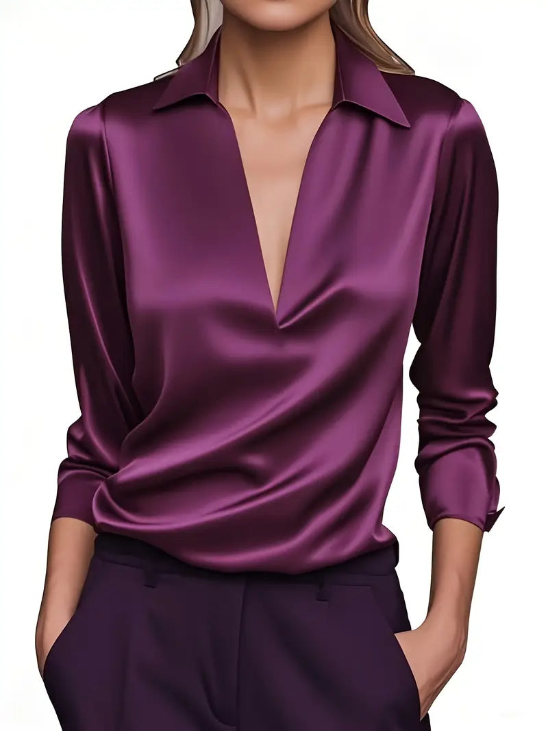 Draped V-neck long sleeve satin blouse, additional view 12