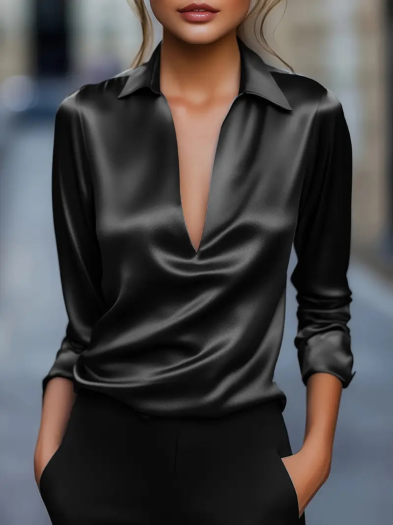 Draped V-neck long sleeve satin blouse, close-up of the collar