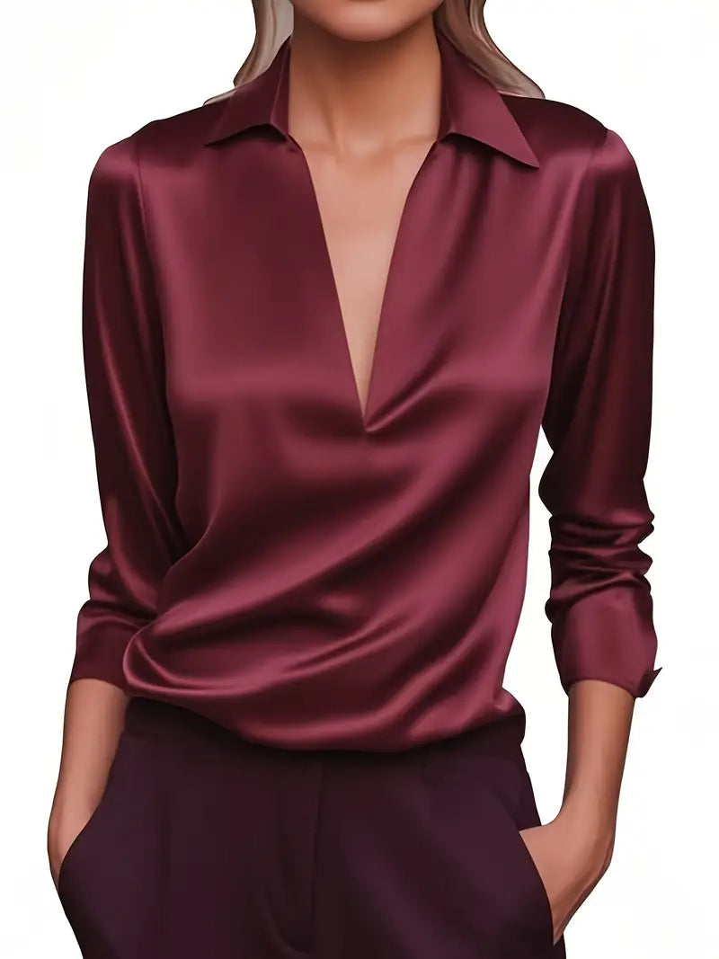Draped V-neck long sleeve satin blouse, close-up of the fabric