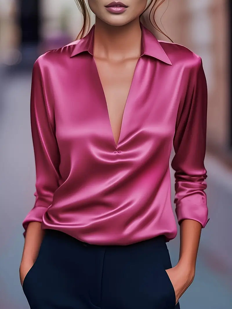 Draped V-neck long sleeve satin blouse, detail view