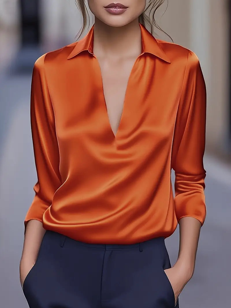 Draped V-neck long sleeve satin blouse, additional view 9