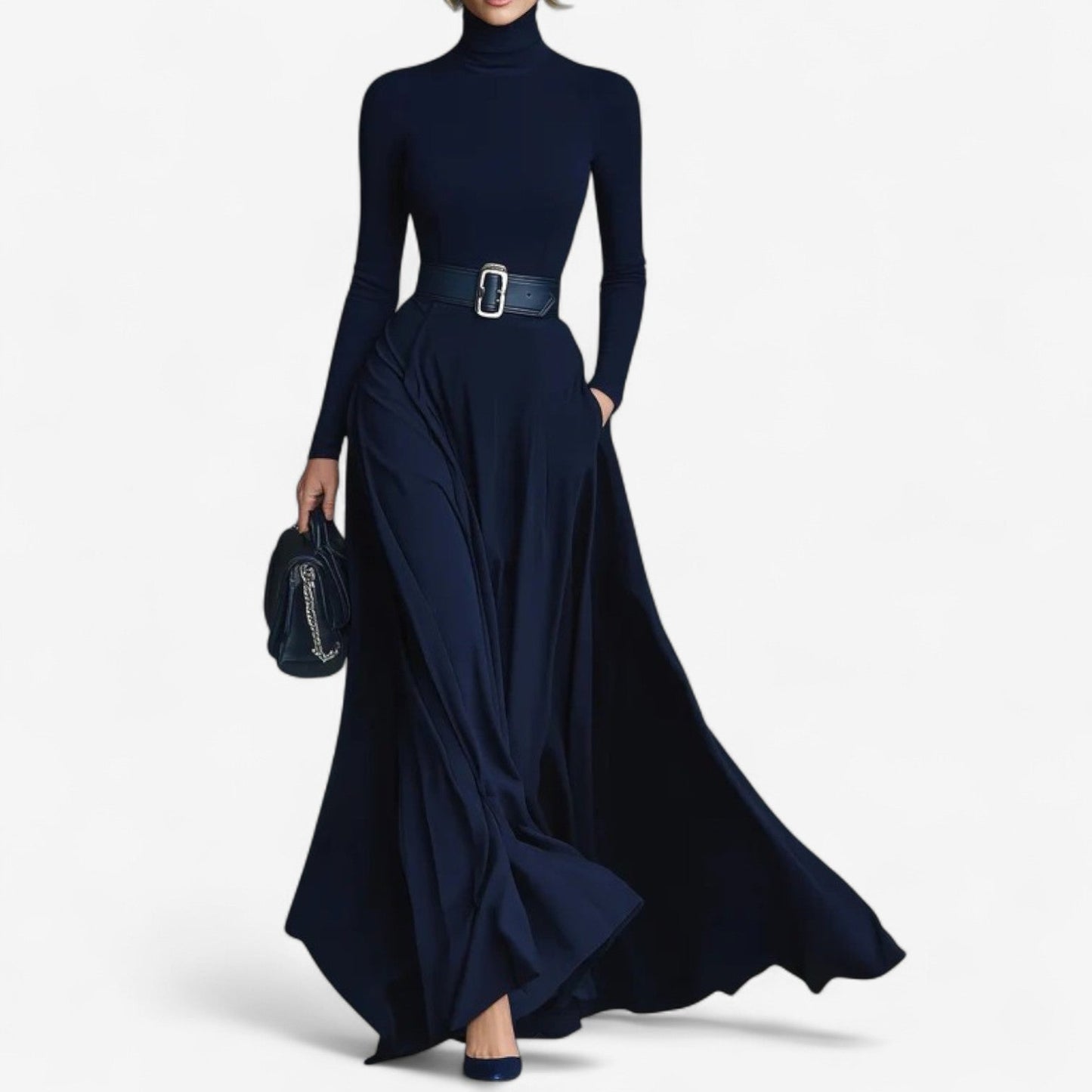 Mock turtleneck long sleeve maxi dress, front view