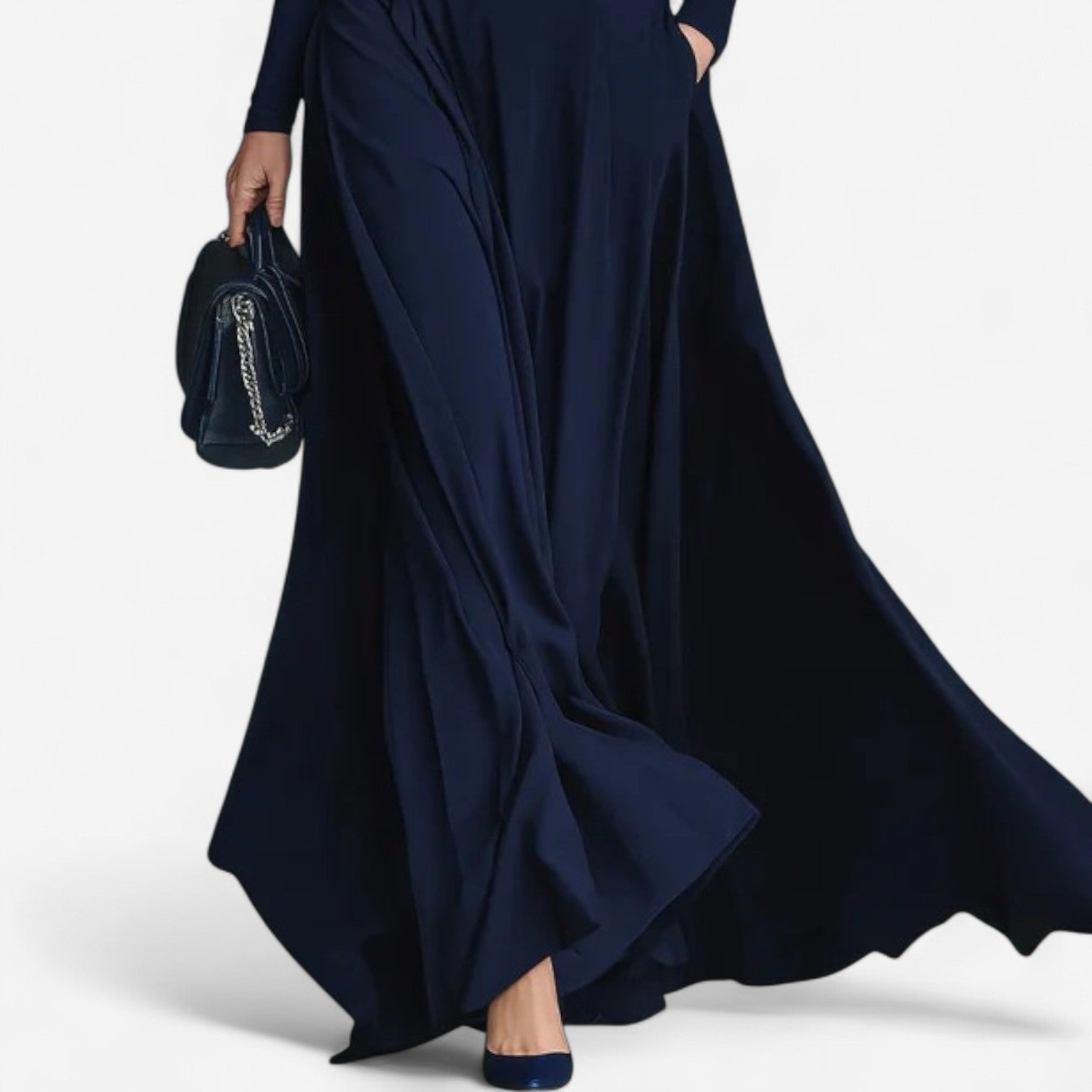 Mock turtleneck maxi dress showing belted waist