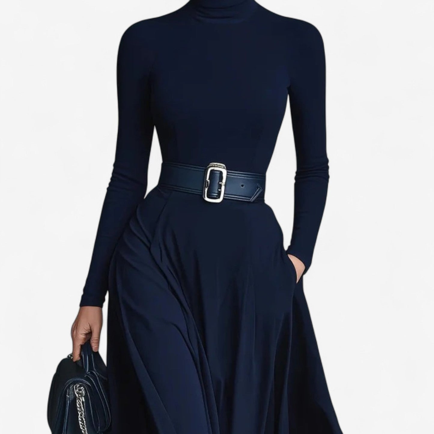 Mock turtleneck maxi dress, side view
