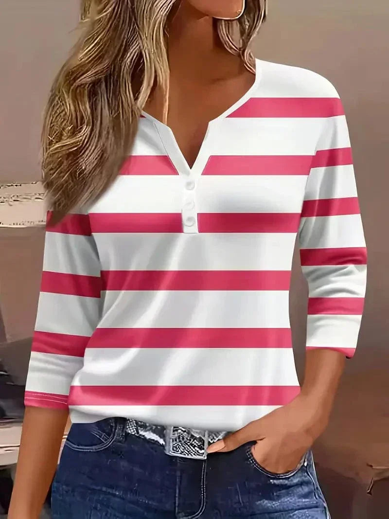 Striped V-neck top, styled view