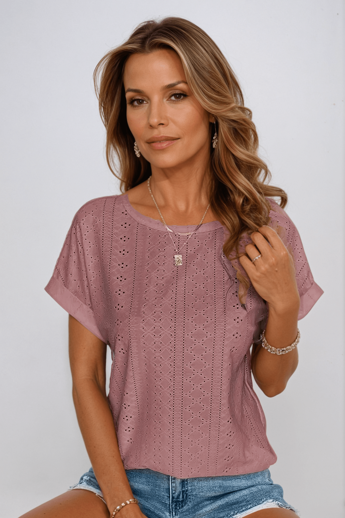 Pernille | Eyelet Embroidered Crew Neck Top