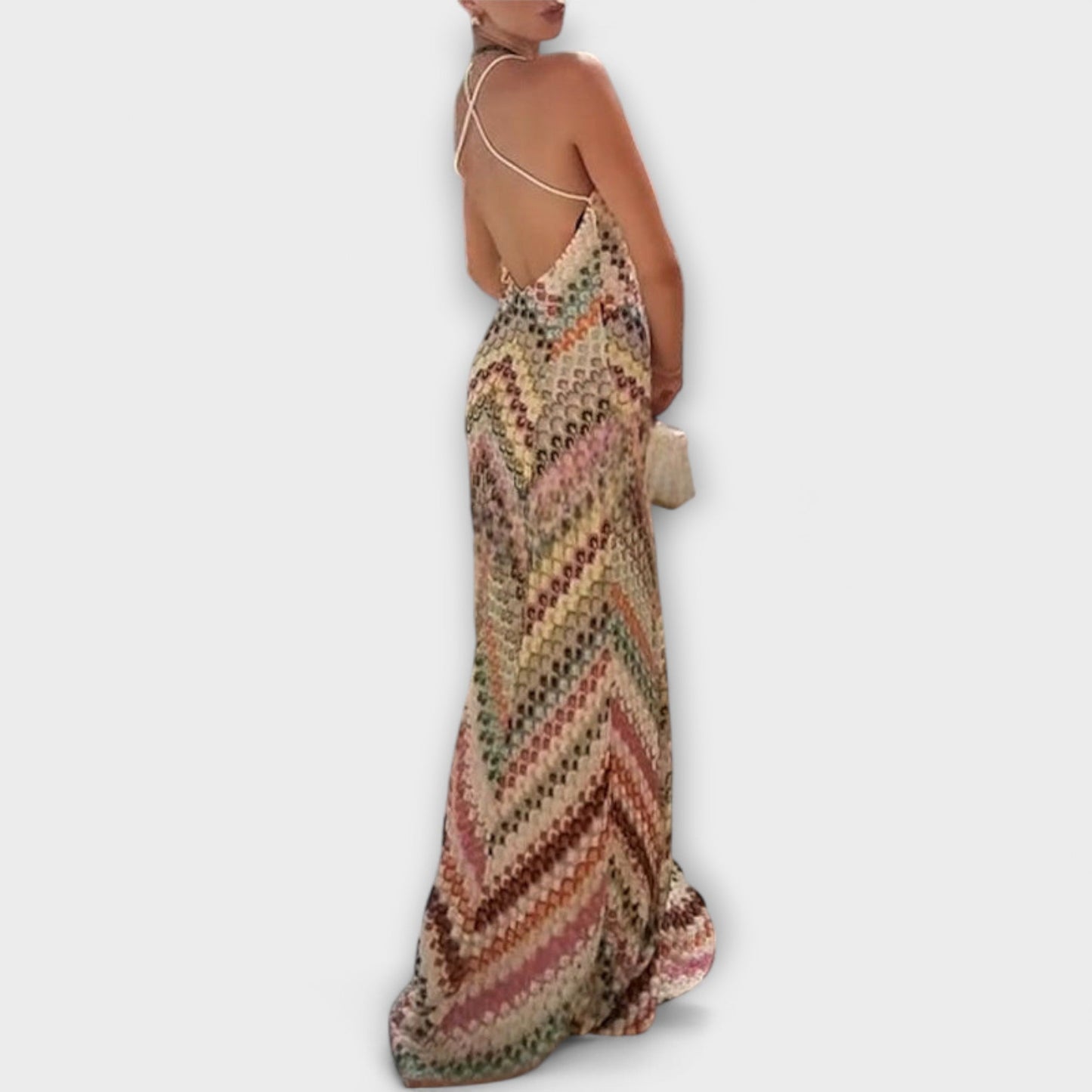 V-neck knit maxi dress, side view