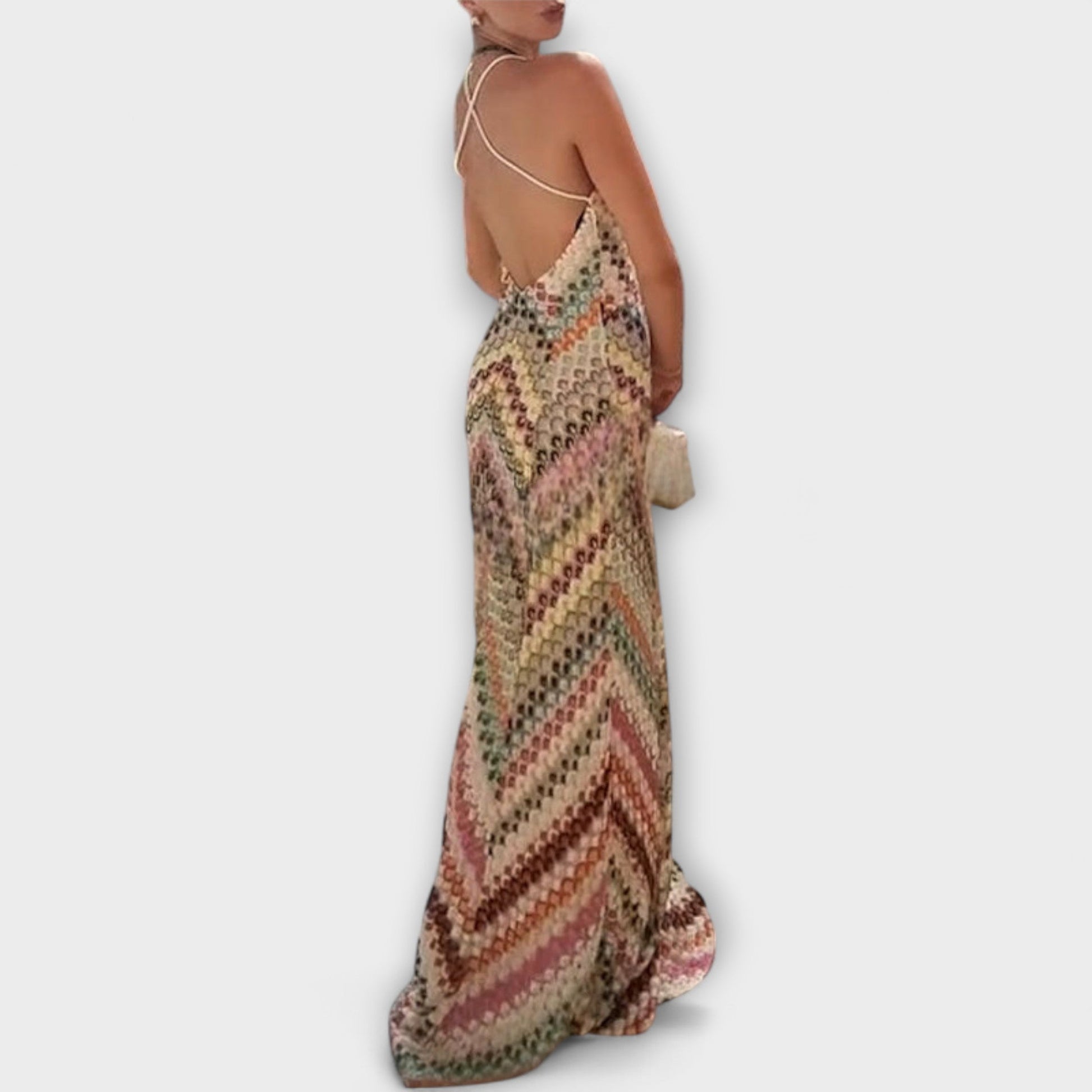 V-neck knit maxi dress, side view