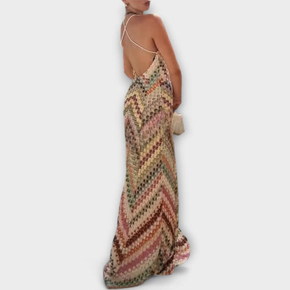 V-neck knit maxi dress, side view