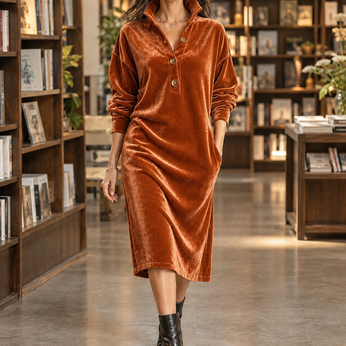 Long sleeve midi dress in orange
