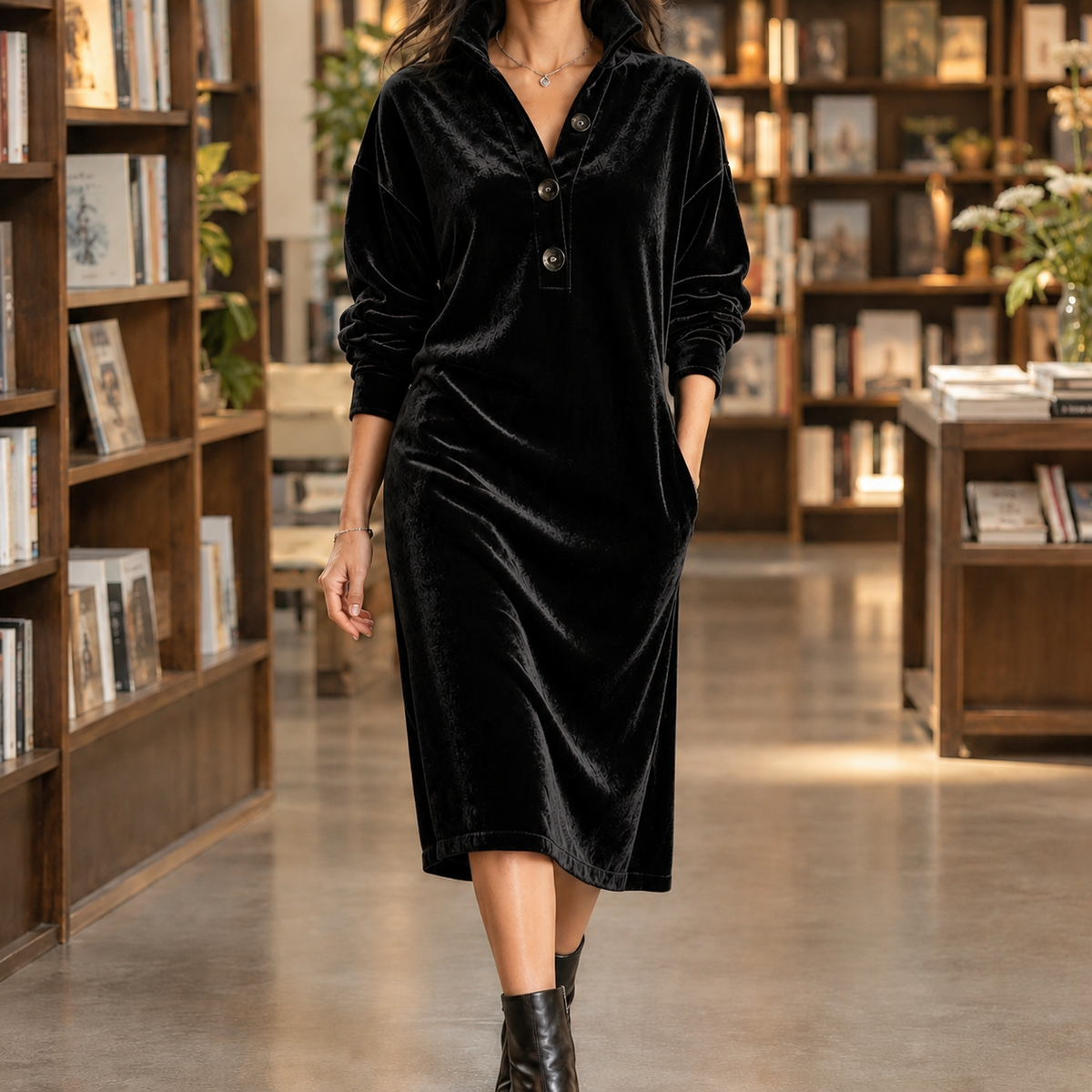 Long sleeve midi dress in black