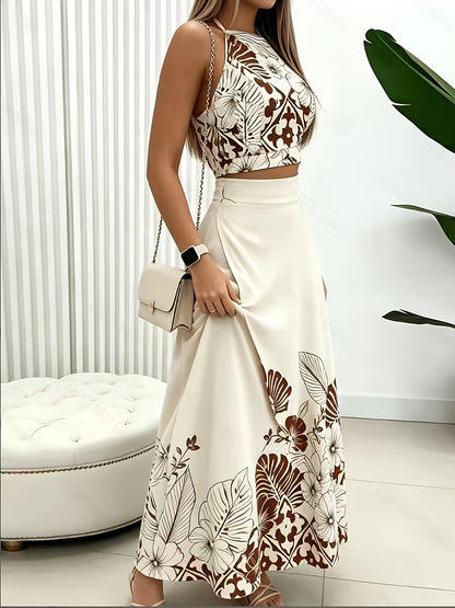 Two-piece skirt set showing halter top detail
