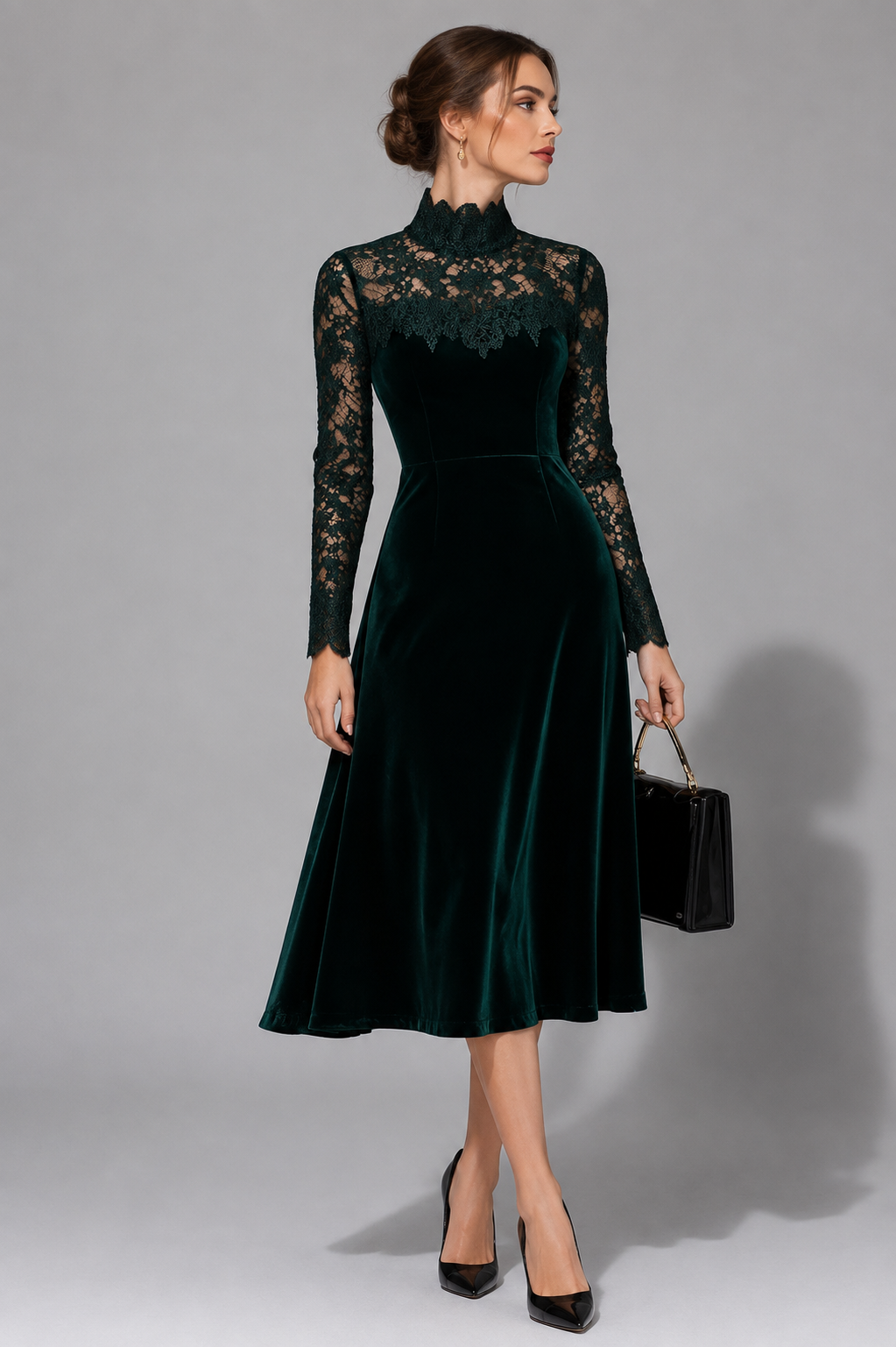 Yolande velvet lace-sleeve wedding guest midi dress, view 2