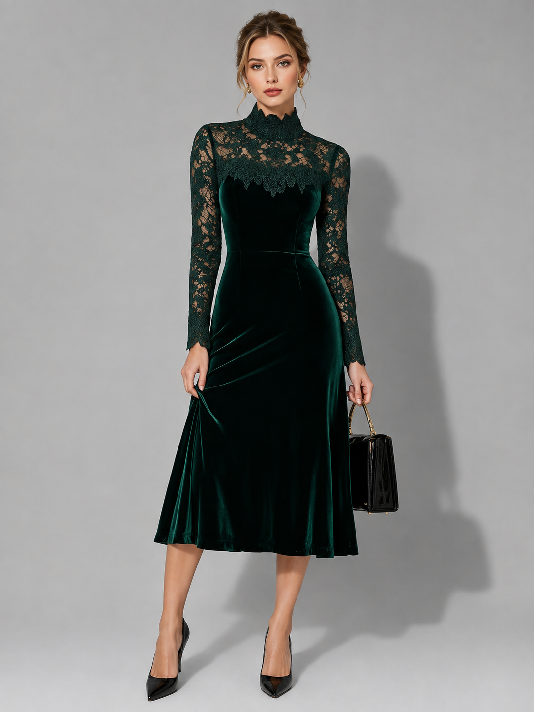 Yolande velvet lace-sleeve wedding guest midi dress, view 3