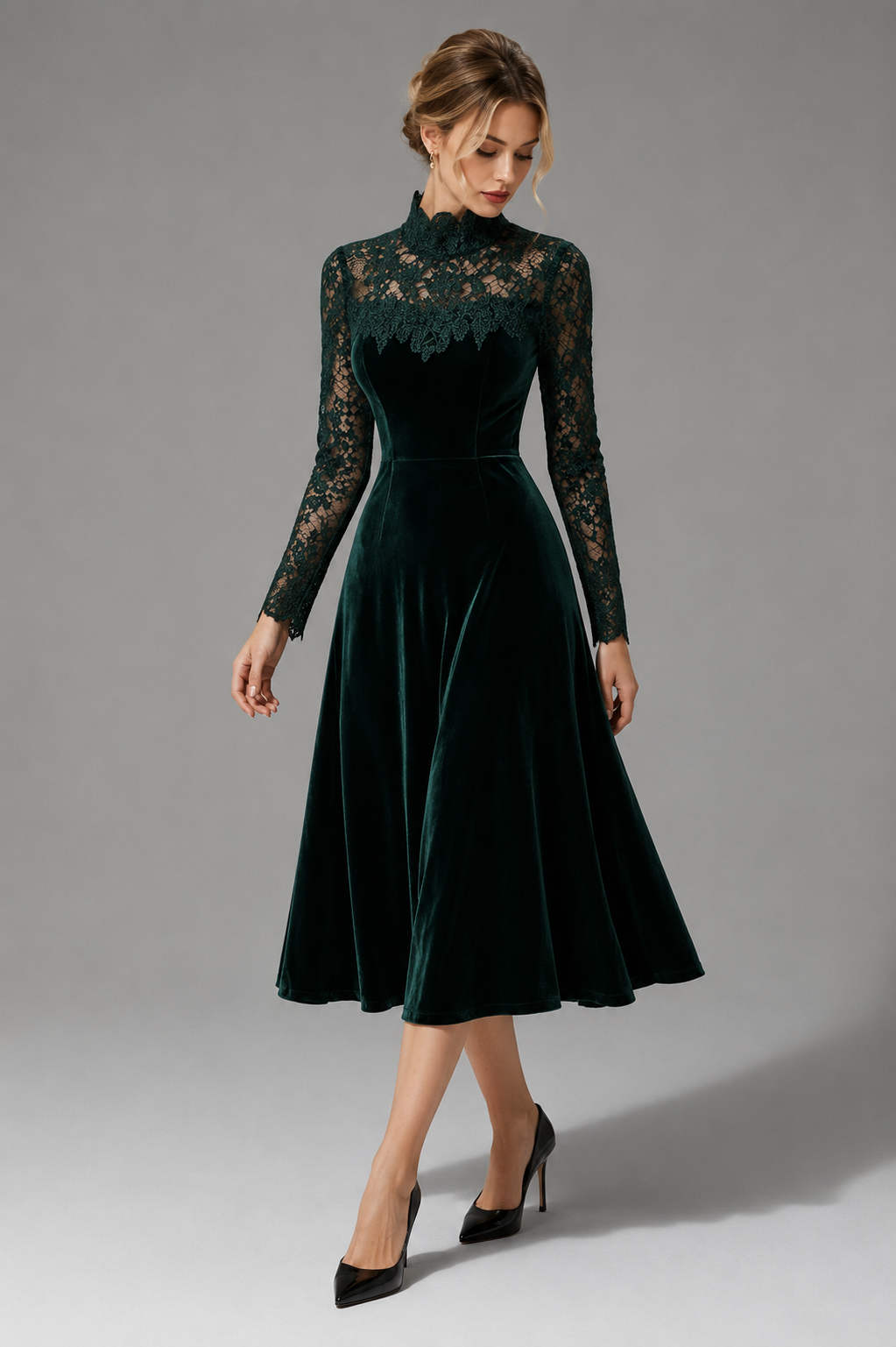 Yolande velvet lace-sleeve wedding guest midi dress, view 4