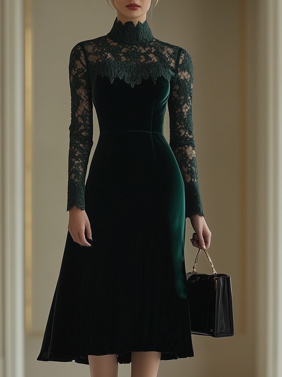 Yolande velvet lace-sleeve wedding guest midi dress for women