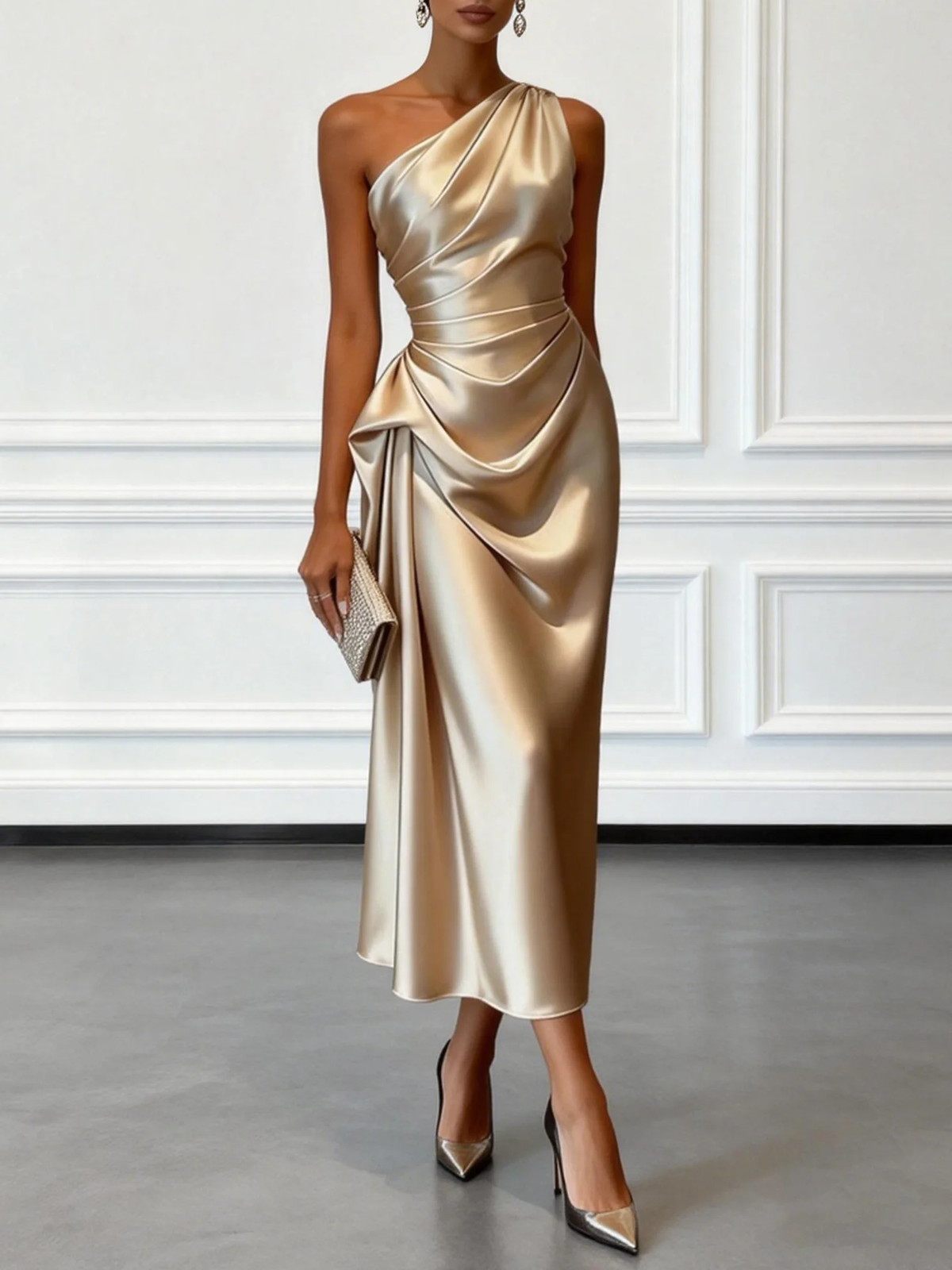 One-shoulder ruffled cocktail midi dress for women view 2