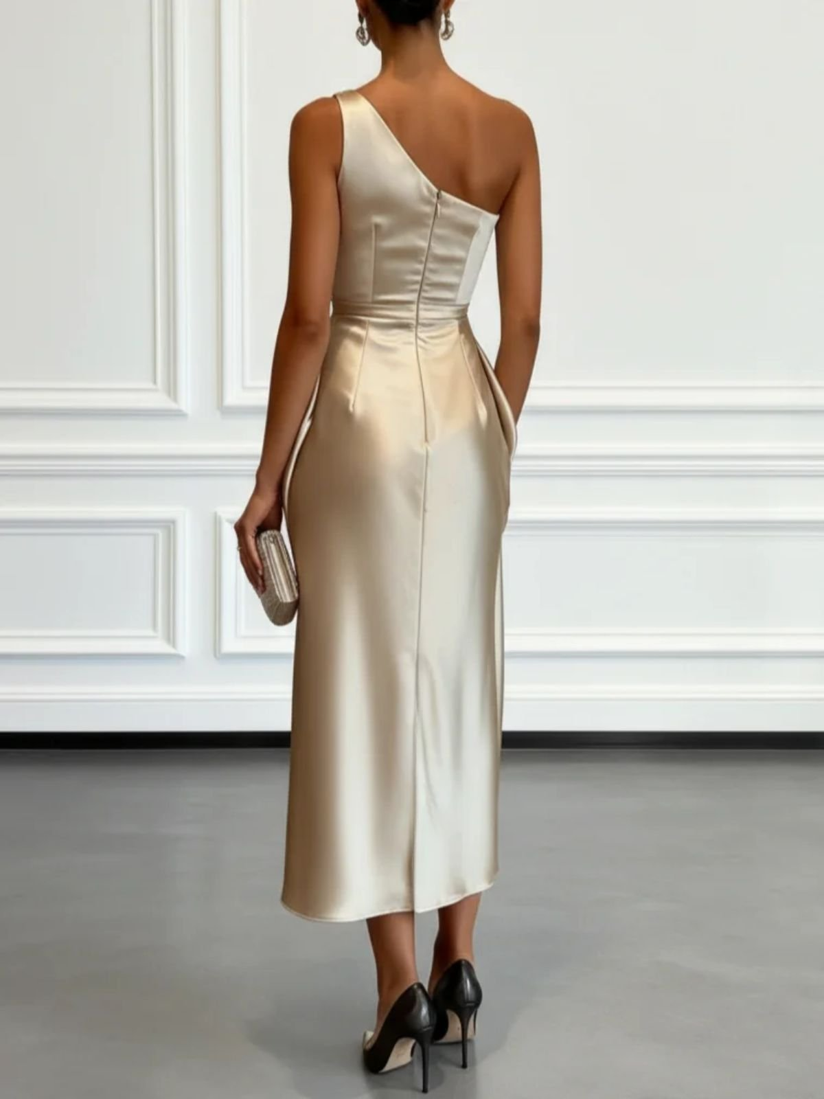 One-shoulder ruffled cocktail midi dress for women view 3