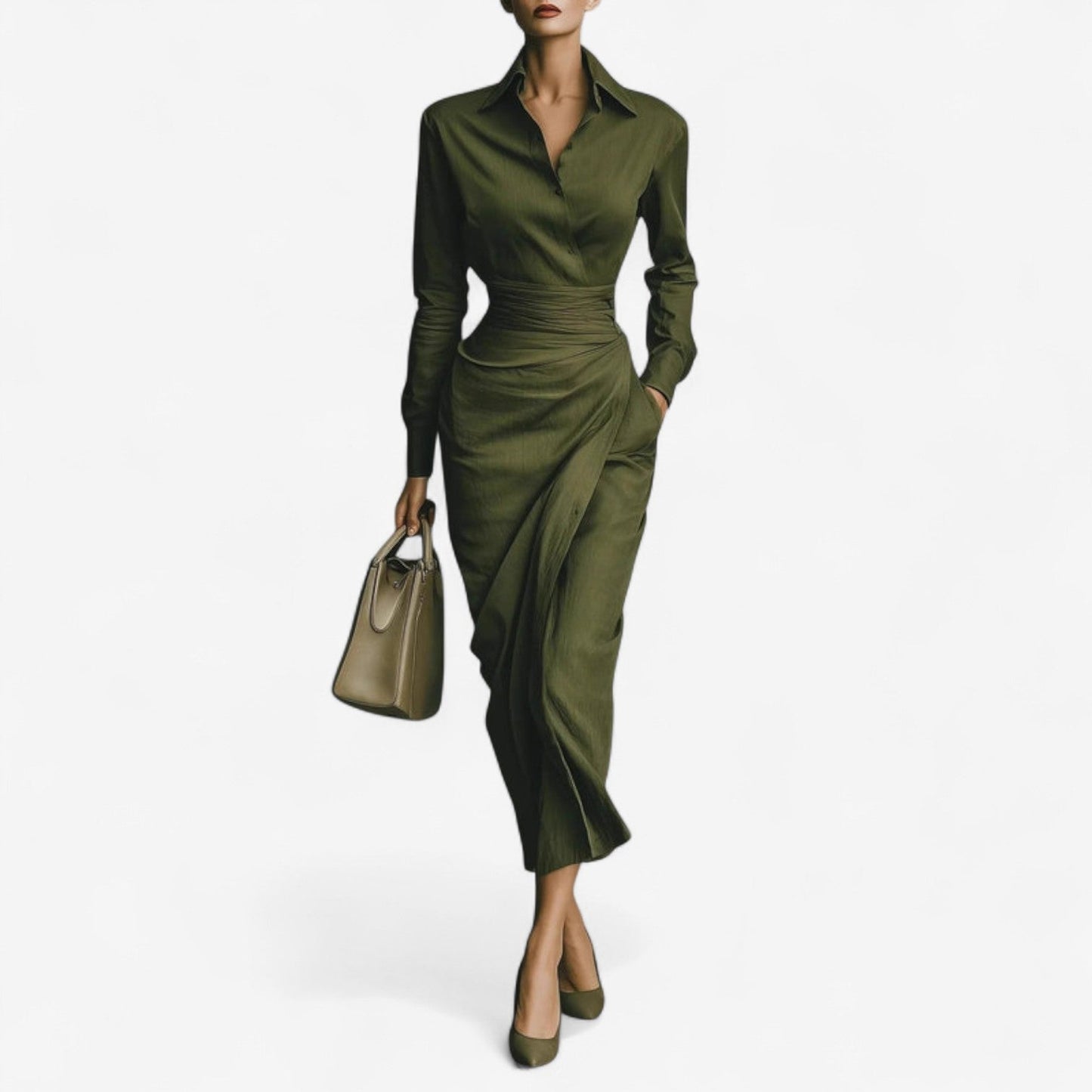 Collared long sleeve wrap midi dress, front view
