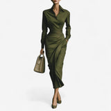 Collared long sleeve wrap midi dress, front view