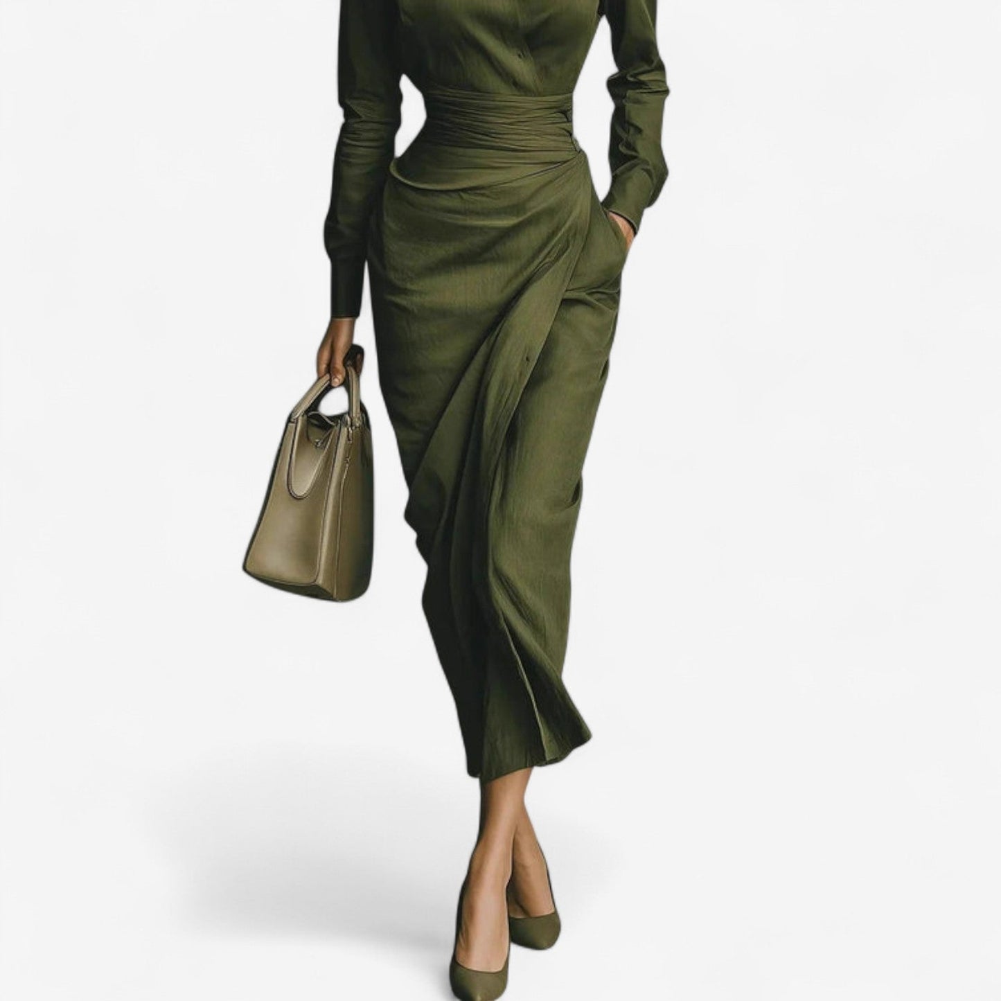 Wrap midi dress showing tailored collar detail
