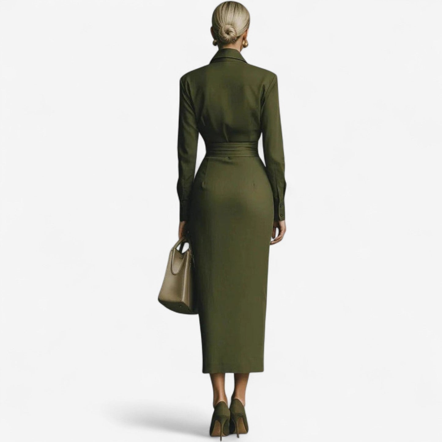 Collared long sleeve wrap midi dress, back view