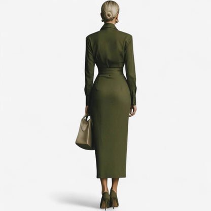 Collared long sleeve wrap midi dress, back view