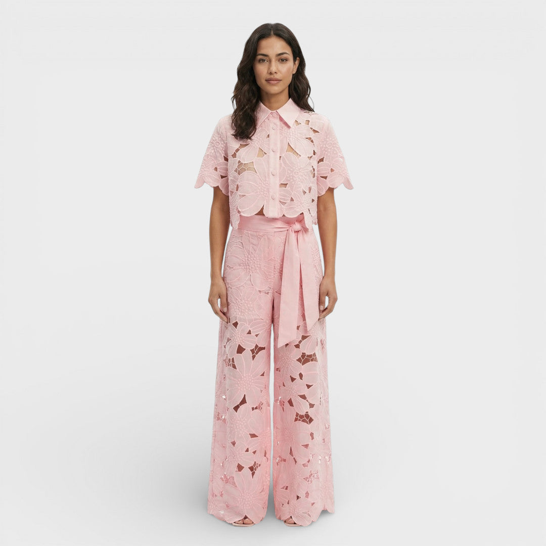 Floral top and high-waist wide-leg pants