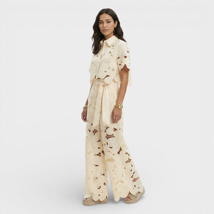 Floral cut-out top and wide-leg pants set
