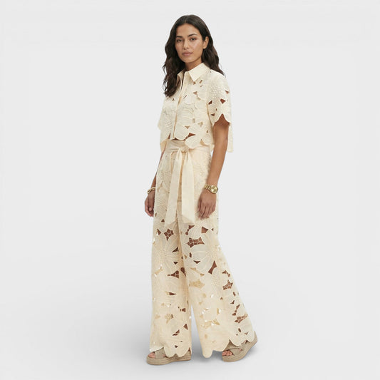 Floral cut-out top and wide-leg pants set