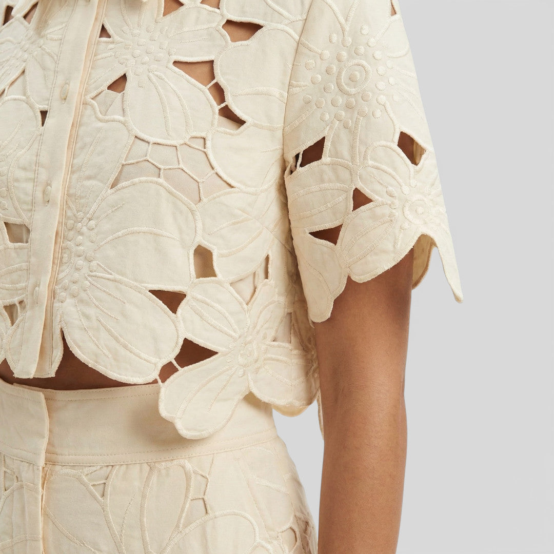 Short sleeve floral top and wide-leg trousers