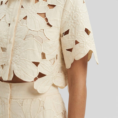 Short sleeve floral top and wide-leg trousers